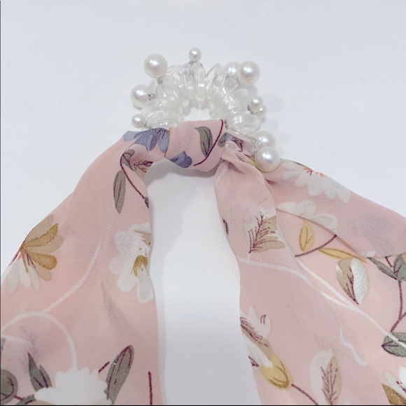 Pink Floral Hair Scarf Coil Ponytail Holder With Faux Pearls - Picture 2 of 4